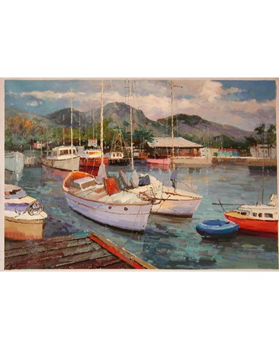 ציור שמן סירות במזח